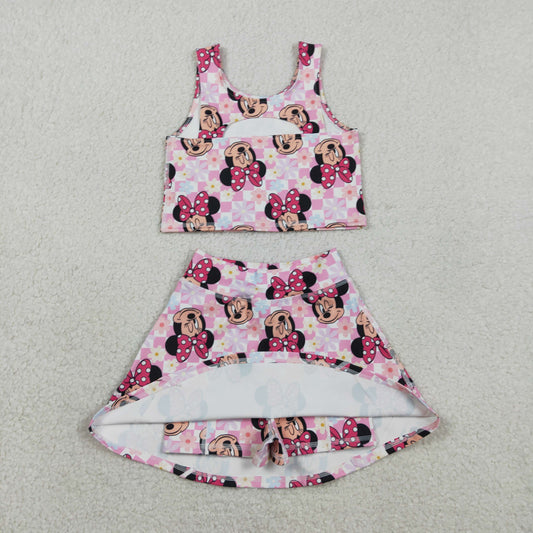 NEW GSD2460 Pink Plaid Flower Cartoon Mickey Mouse Minnie Sleeveless Vest Skirts Shorts Girls Yoga Sets 202602 RTS