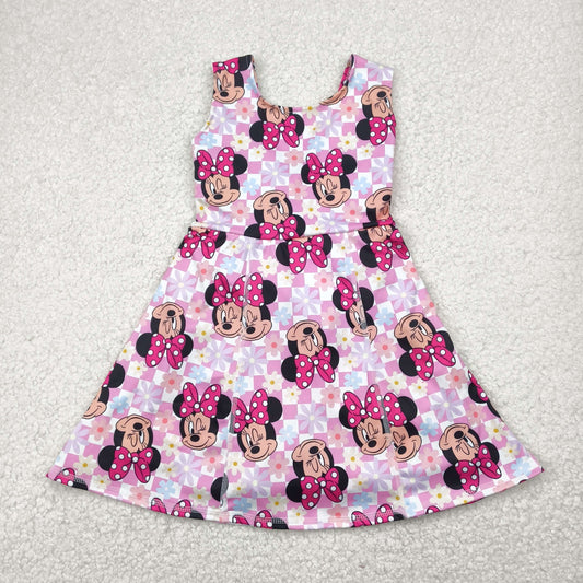 GSD2461 Kids Yoga Dress Pink Plaid Flower Cartoon Mickey Mouse Minnie Sleeveless Dress Girls Boutique Clothes  202504 RTS