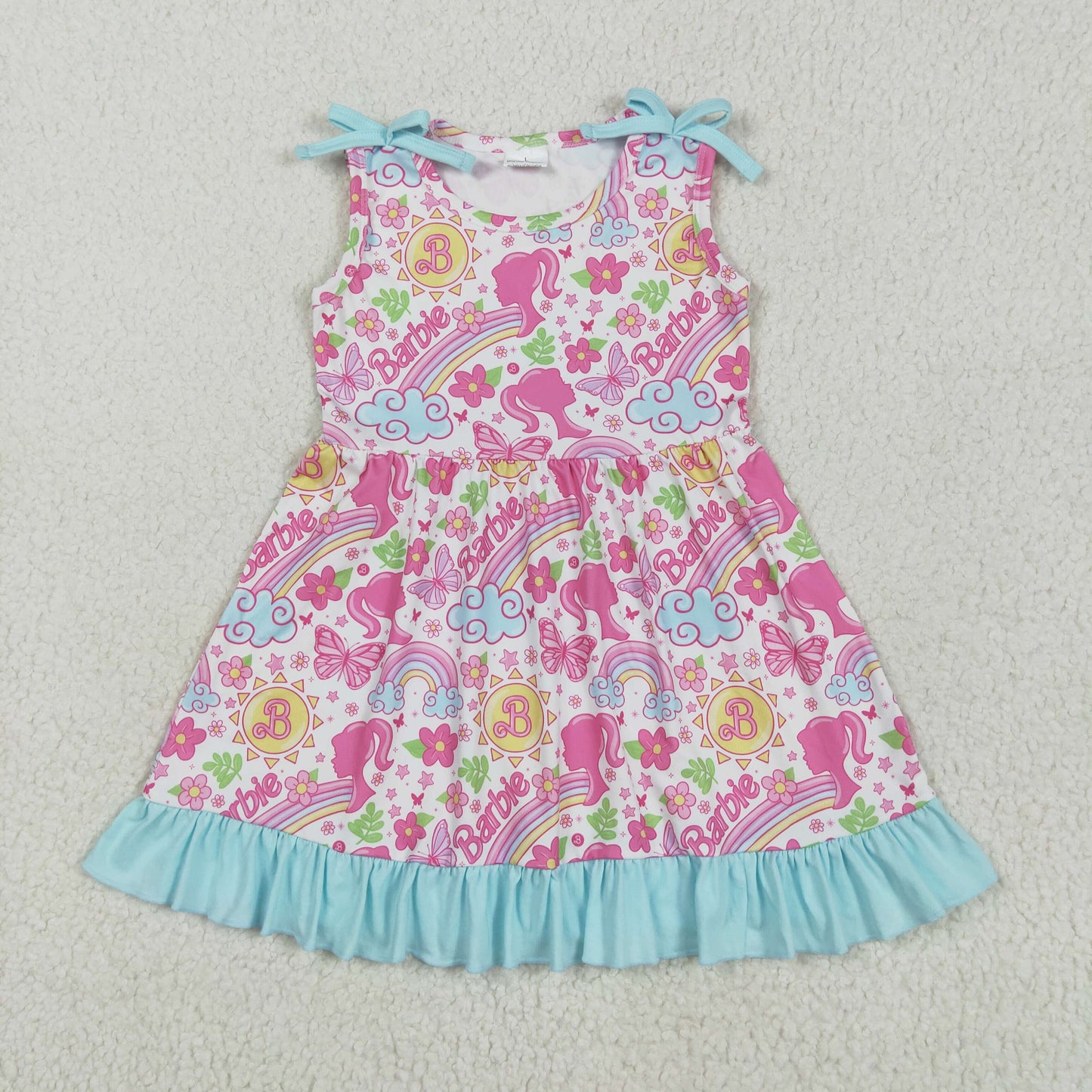 GSD2463 cartoon barbie pink blue flower rainbow ruffle sleeveless dress girls boutique outfits 202505 RTS