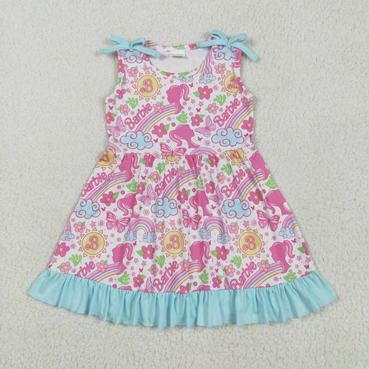 GSD2463 cartoon barbie pink blue flower rainbow ruffle sleeveless dress girls boutique outfits 202505 RTS