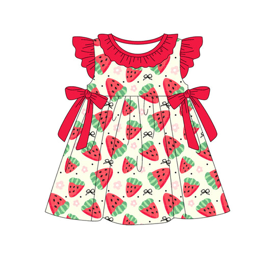 MOQ 5 PCS preorder GSD2465 watermelon red flower bows fly sleeve dress girls boutique outfits 202504