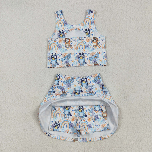 GSD2469 Kids Yoga Set Bluey Light Blue Sleeveless Vest Skirts Sets Girls Boutique Outfits 202505 RTS