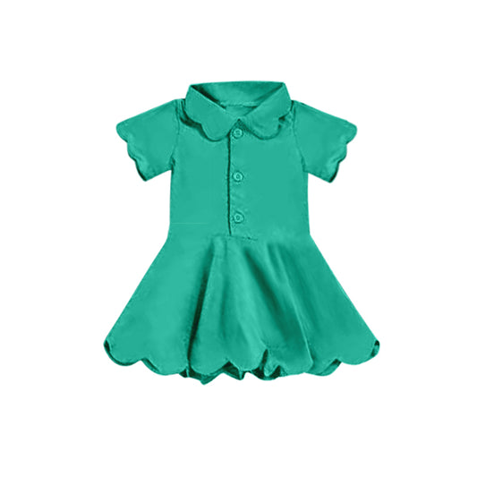 Preorder GSD2472 Kids Yoga Dress Pure Green Polo Button Short Sleeve Dress Girls Boutique Clothes  202504