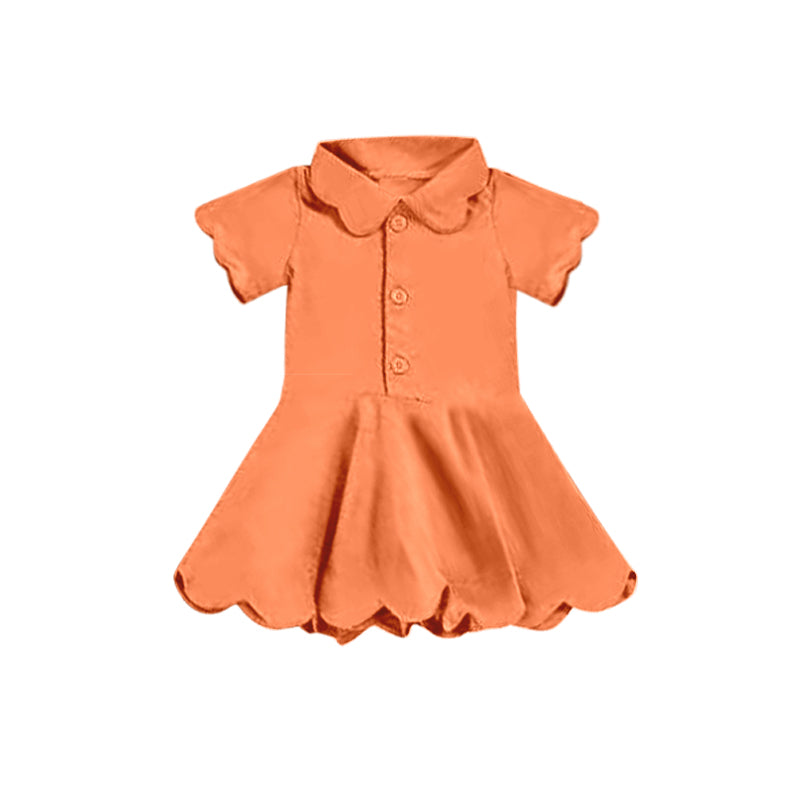 Preorder GSD2473 Kids Yoga Dress Pure Orange Polo Button Short Sleeve Dress Girls Boutique Clothes  202504