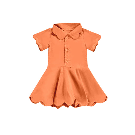 Preorder GSD2473 Kids Yoga Dress Pure Orange Polo Button Short Sleeve Dress Girls Boutique Clothes  202504