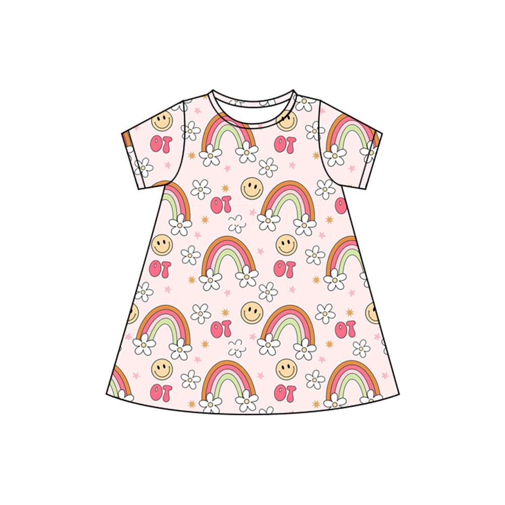 preorder GSD2478 Rainbow Flower Smile Face Short Sleeve Dress Girls Boutique Outfits 202504