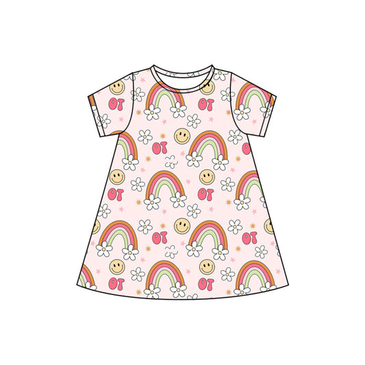preorder GSD2478 Rainbow Flower Smile Face Short Sleeve Dress Girls Boutique Outfits 202504