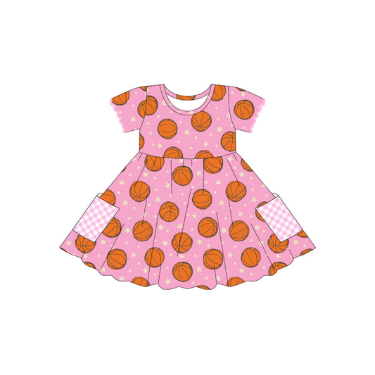 preorder GSD2483 Basketball Star Plaid Pocket Pink Short Sleeve Dress Girls Boutique Outfits 202504