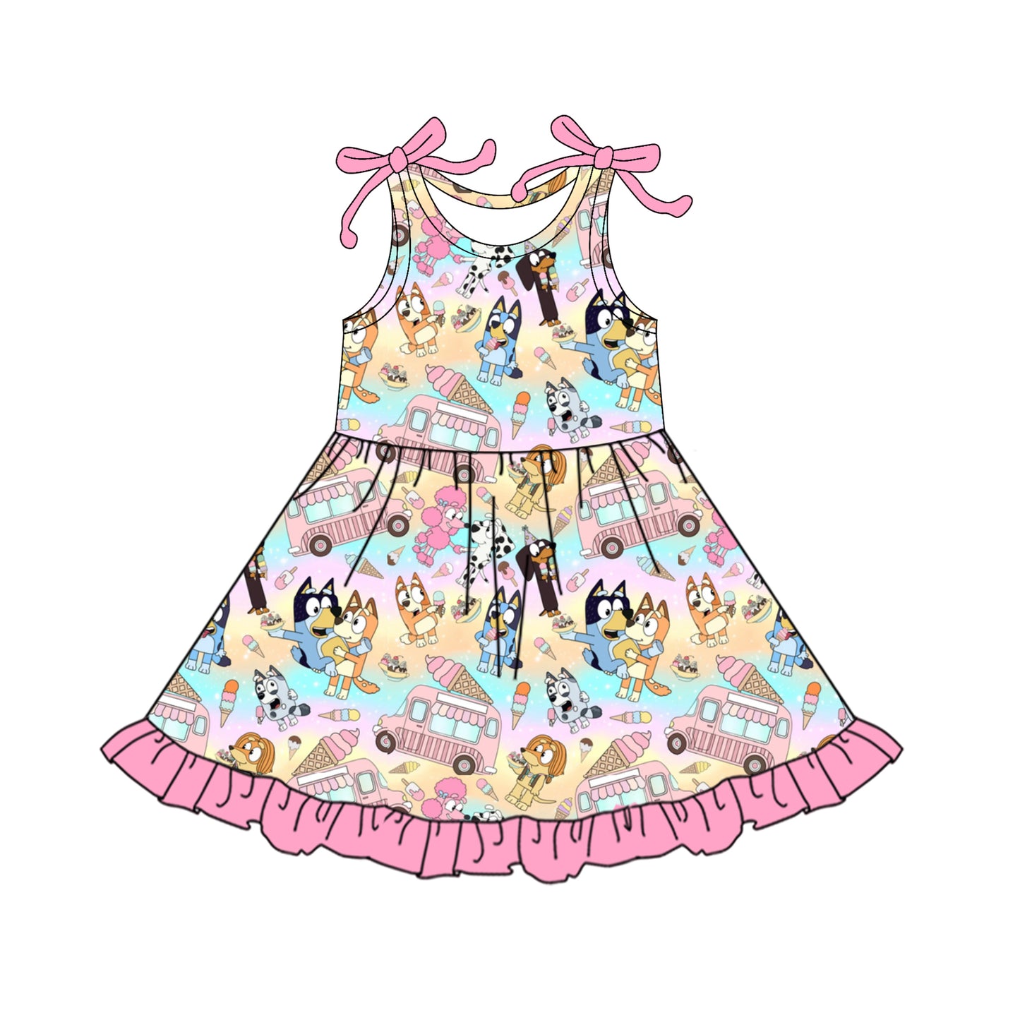 preorder GSD2485 Cartoon Bluey Pink Ruffle Sleeveless Dress Girls Boutique Outfits 202504