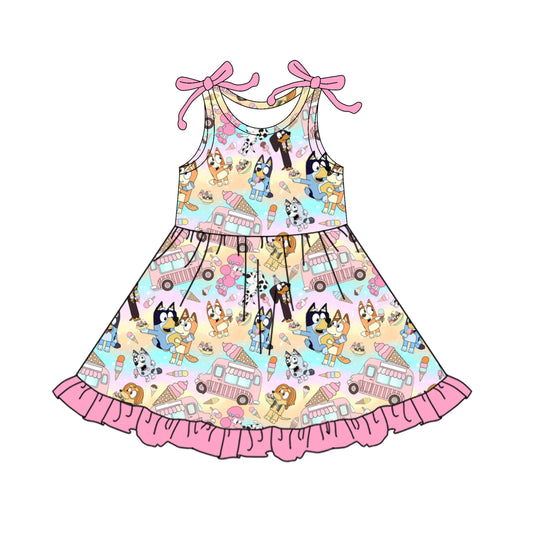 preorder GSD2485 Cartoon Bluey Pink Ruffle Sleeveless Dress Girls Boutique Outfits 202504