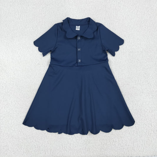 GSD2487 Kids Yoga Dress Pure Navy Blue Polo Button Short Sleeve Dress Girls Boutique Clothes  202506 RTS