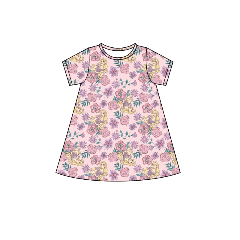 preorder GSD2496 Disney Princess Flower Purple Pink Short Sleeve Dress Girls Boutique Outfits 202504