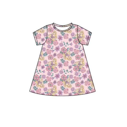 preorder GSD2496 Disney Princess Flower Purple Pink Short Sleeve Dress Girls Boutique Outfits 202504