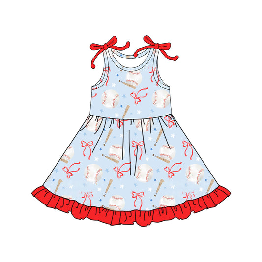 preorder GSD2507 Baseball Bows Red Blue Ruffle Sleeveless Dress Girls Boutique Outfits 202504