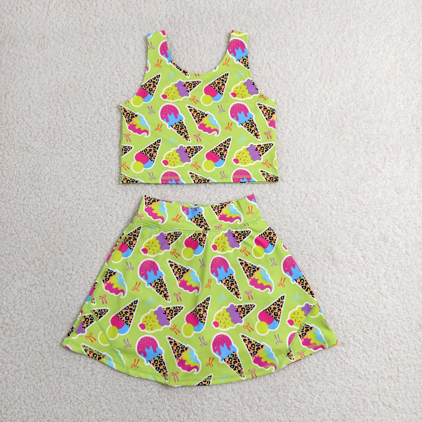GSD2520 Leopard Ice Cream Yellow Green Vest Skirts Shorts Girls Yoga Sets 202606 RTS