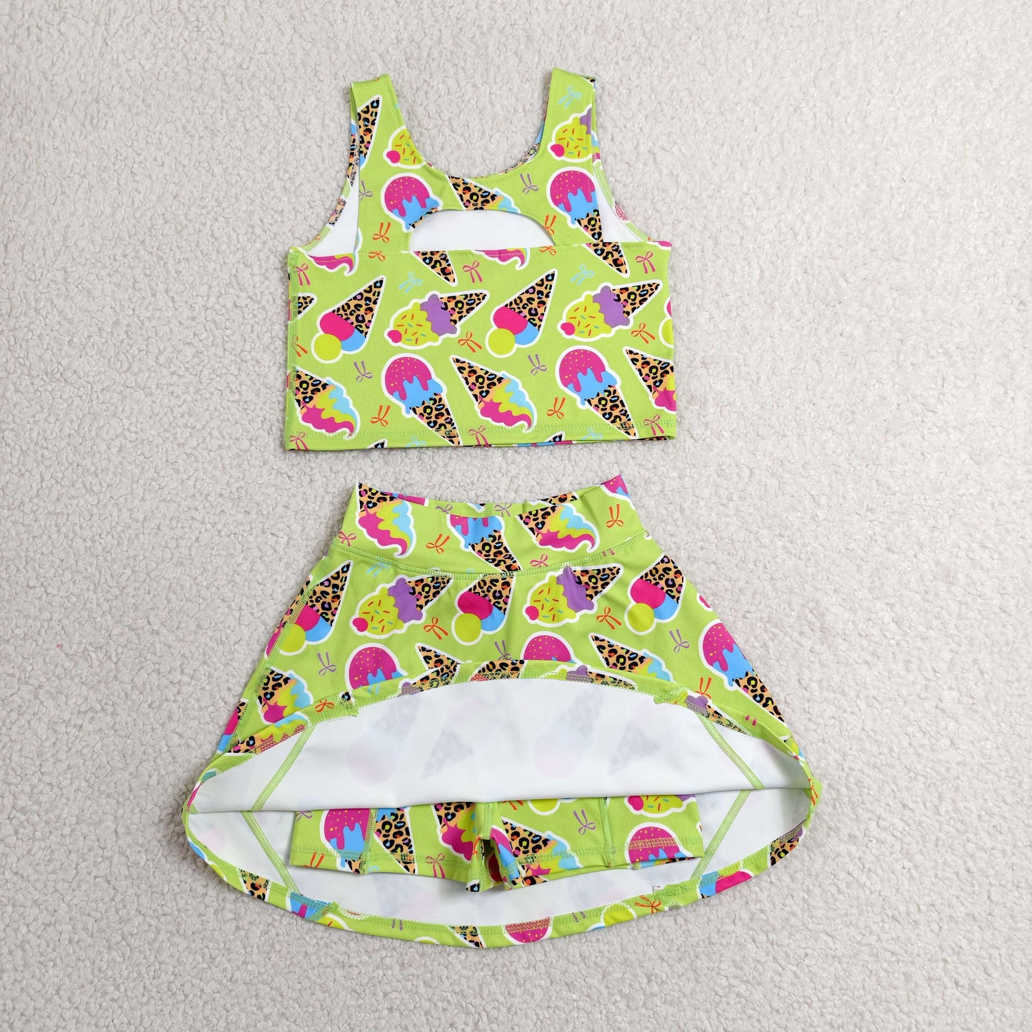 GSD2520 Leopard Ice Cream Yellow Green Vest Skirts Shorts Girls Yoga Sets 202606 RTS