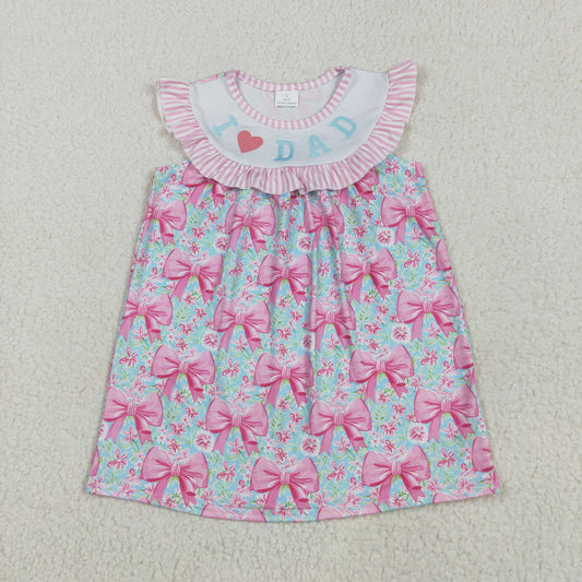 GSD2534 I Love Dad Embroidered Blue Pink Bows Fly Sleeve Dress Girls Boutique Summer Clothes 202505 RTS