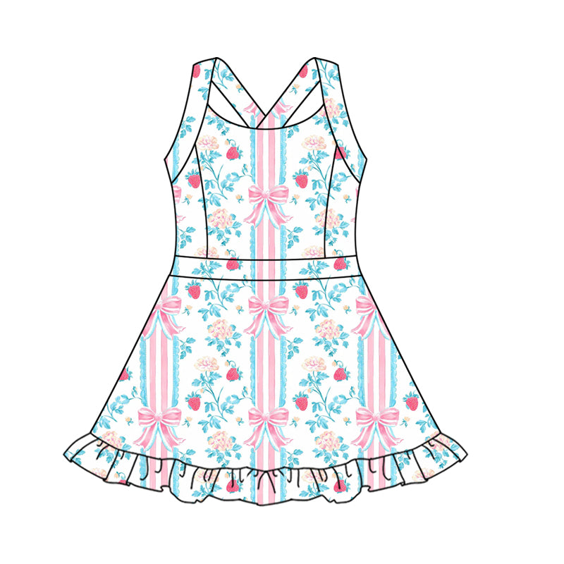 preorder GSD2563 Flower Bows Blue Green Ruffle Sleeveless Yoga Dress Girls boutique outfit 202505