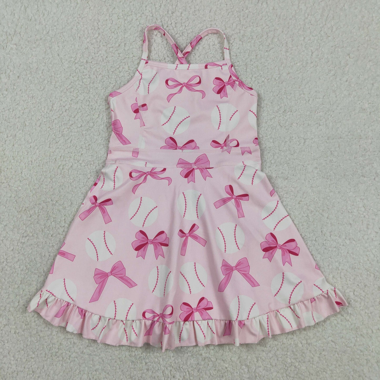 GSD2567 Bows Baseball Rose Red Ruffle Sleeveless Girl Boutique Yoga Dress 202604 RTS