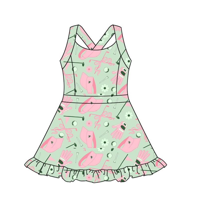 preorder GSD2569 Baseball Hat Bows Green Pink Ruffle Sleeveless Girl Boutique Yoga Dress 202505