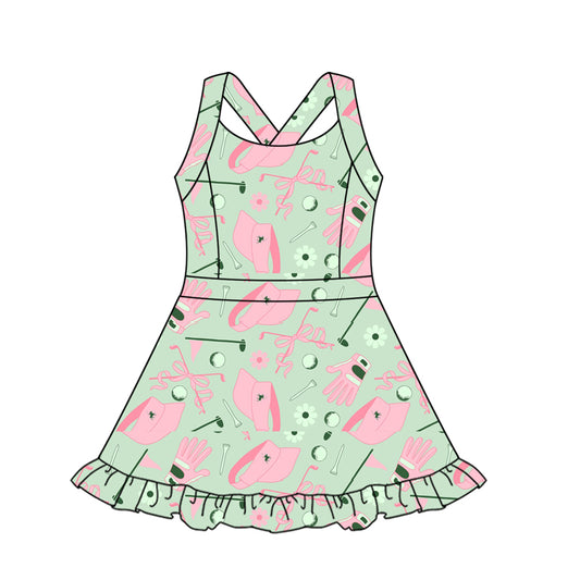 preorder GSD2569 Baseball Hat Bows Green Pink Ruffle Sleeveless Girl Boutique Yoga Dress 202505