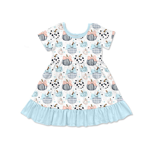 Preorder GSD2579 Bow Pumpkin Pattern Blue Lace White Short Sleeve Dress Girls Boutique Outfit 202505