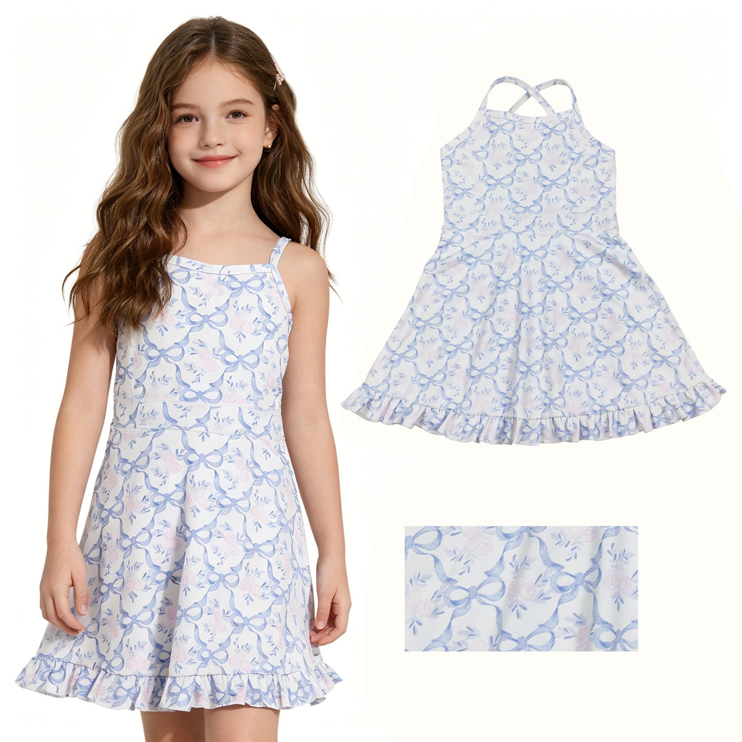 New GSD2580 Pink Flower Blue Bows Ruffle Halter Yoga Dresses for Girls 202604 RTS