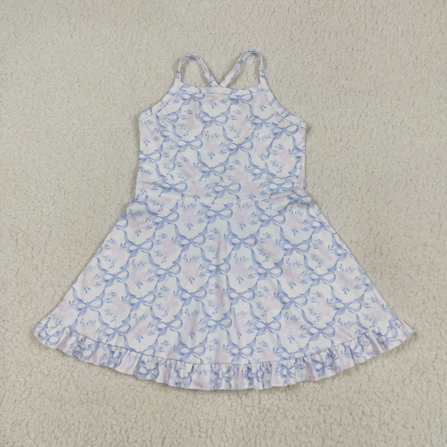 GSD2290 换成GSD2580 Pink Flower Blue Bows Ruffle Sleeveless Halter Yoga Dress Girls Boutique Clothes  202504 RTS