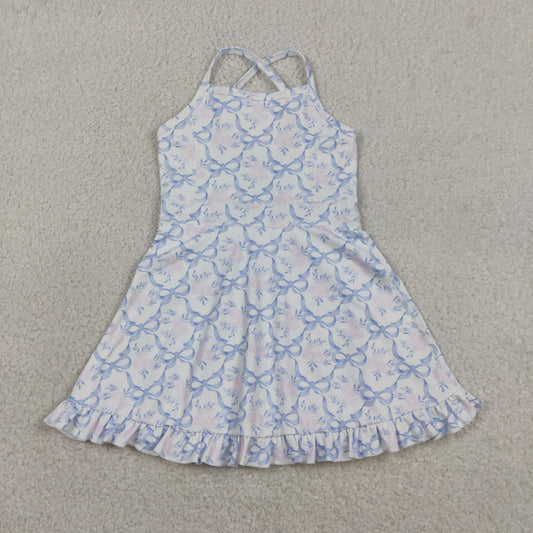 New GSD2580 Pink Flower Blue Bows Ruffle Halter Yoga Dresses for Girls 202604 RTS
