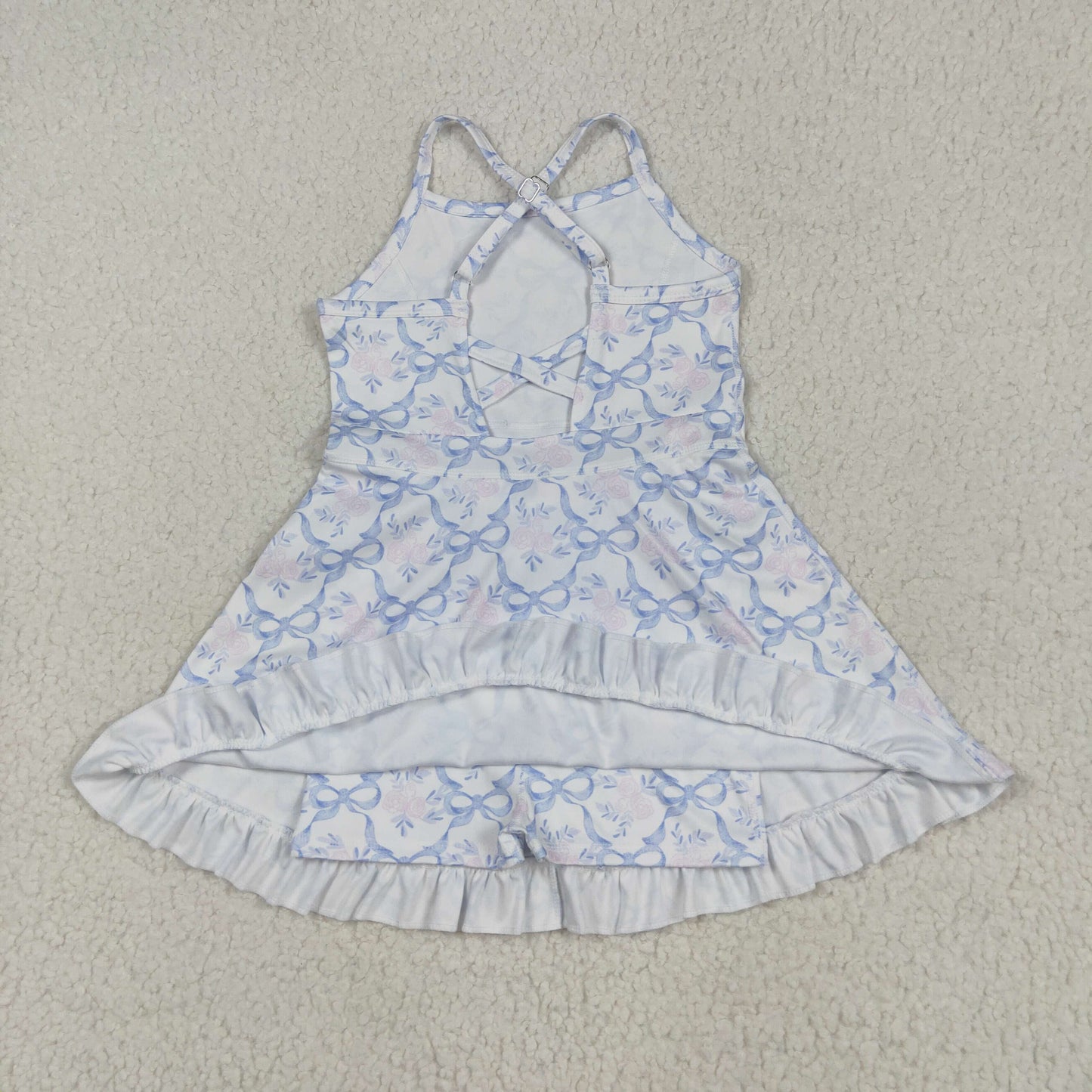 GSD2290 换成GSD2580 Pink Flower Blue Bows Ruffle Sleeveless Halter Yoga Dress Girls Boutique Clothes  202504 RTS
