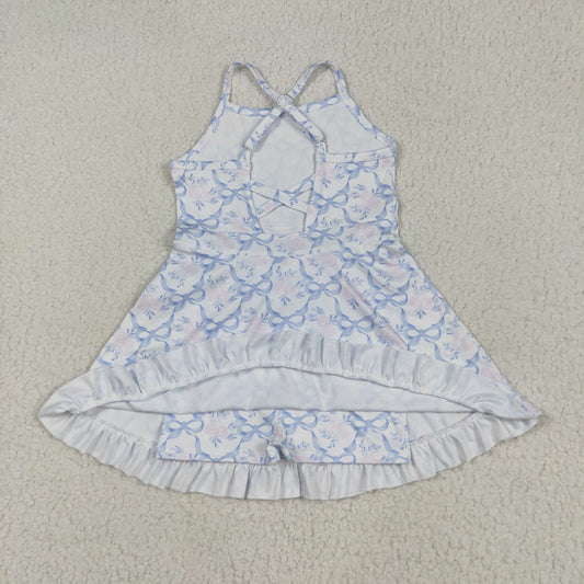 GSD2290 换成GSD2580 Pink Flower Blue Bows Ruffle Sleeveless Halter Yoga Dress Girls Boutique Clothes  202504 RTS