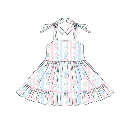 Preorder GSD2591 Flower Leaf Pink Blue Stripe Ruffle Halter Dress Girls Boutique Outfit  202505