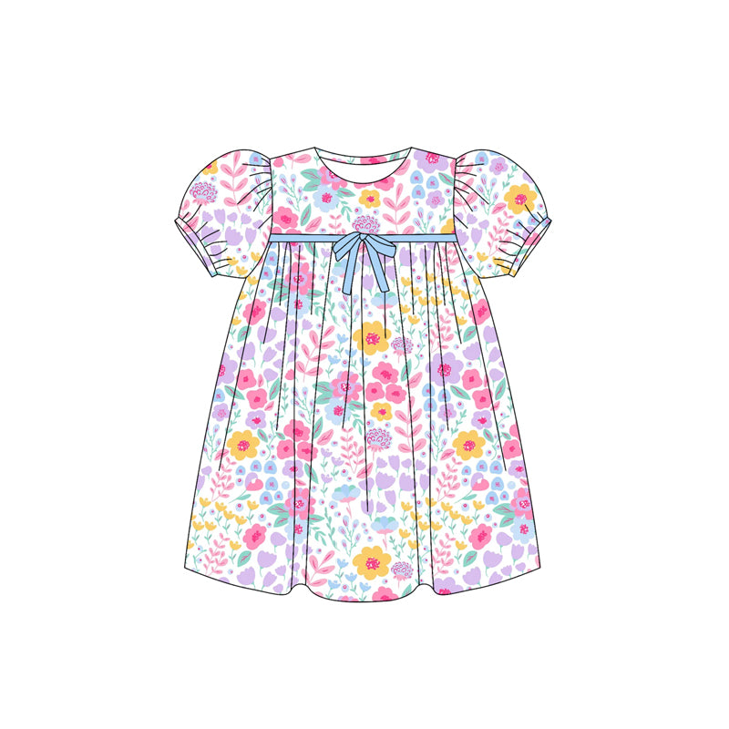 Preorder GSD2592 Yellow Pink Purple Flower Leaves Blue Bow Lantern Sleeve Dress Girls Boutique Outfit  202505