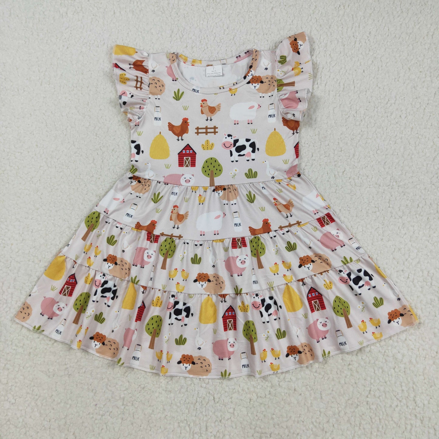 GSD2595 Farm Animals Beige Flying Sleeve Girls Dresses 202508 RTS
