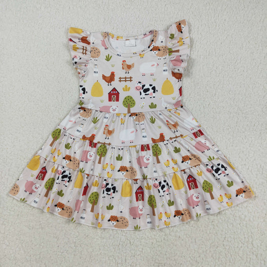 GSD2595 Farm Animals Beige Flying Sleeve Girls Dresses 202508 RTS