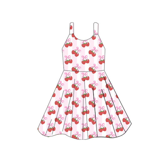 Preorder GSD2598 Strawberry Bow Pink White Stripe Sleeveless Dress Girls Boutique Outfit  202505