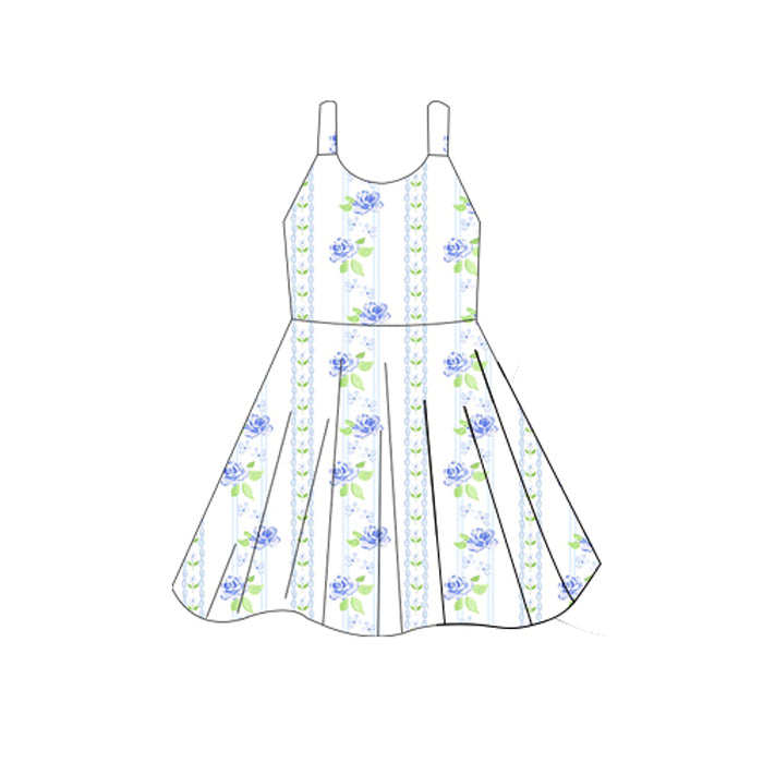 Preorder GSD2601 Flower Leaf Stripe Blue White Sleeveless Dress Girls Boutique Outfit  202505