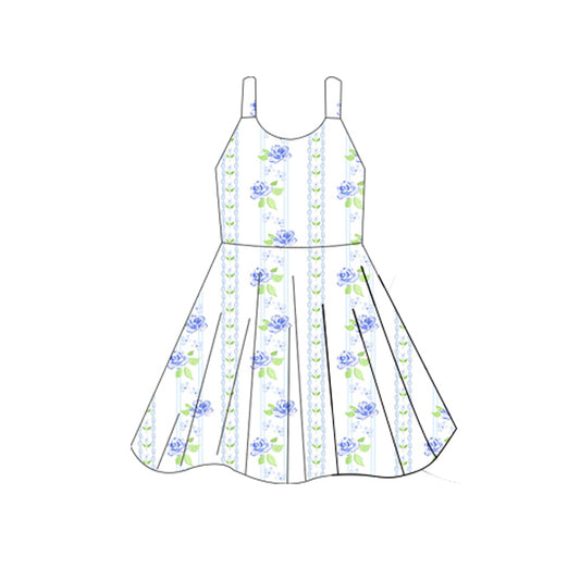 Preorder GSD2601 Flower Leaf Stripe Blue White Sleeveless Dress Girls Boutique Outfit  202505