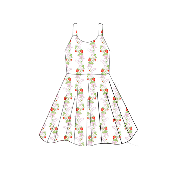 Preorder GSD2603 Strawberry Leaf Bows White Sleeveless Dress Girls Boutique Outfit  202505