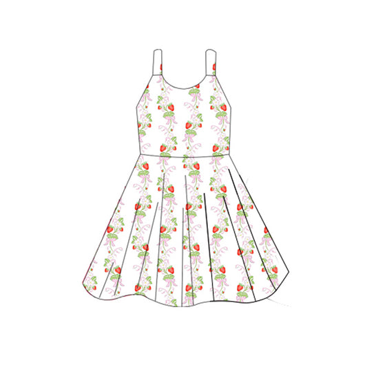 Preorder GSD2603 Strawberry Leaf Bows White Sleeveless Dress Girls Boutique Outfit  202505