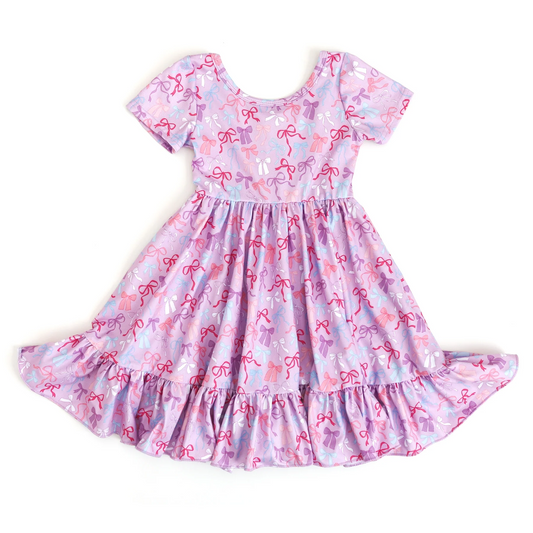 Preorder GSD2607  Colored Bows Purple Pink Short Sleeve Ruffle Dress Girls Boutique Outfit  202505