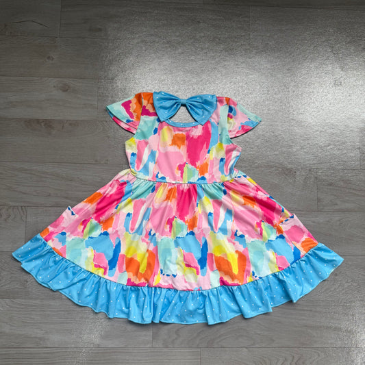 NO MOQ Preorder GSD2610 Polka Dot Colored Pattern Blue Ruffle Short Sleeve Dresses for Girls 202607