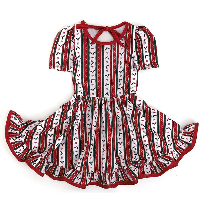Preorder GSD2612 Christmas Bow Stripe Polka Dot Red  Short Sleeve Dress Girls Boutique Outfit  202505