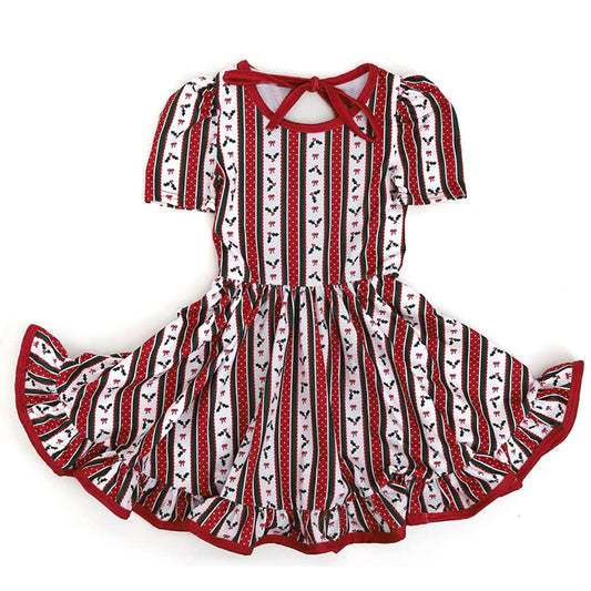 Preorder GSD2612 Christmas Bow Stripe Polka Dot Red  Short Sleeve Dress Girls Boutique Outfit  202505