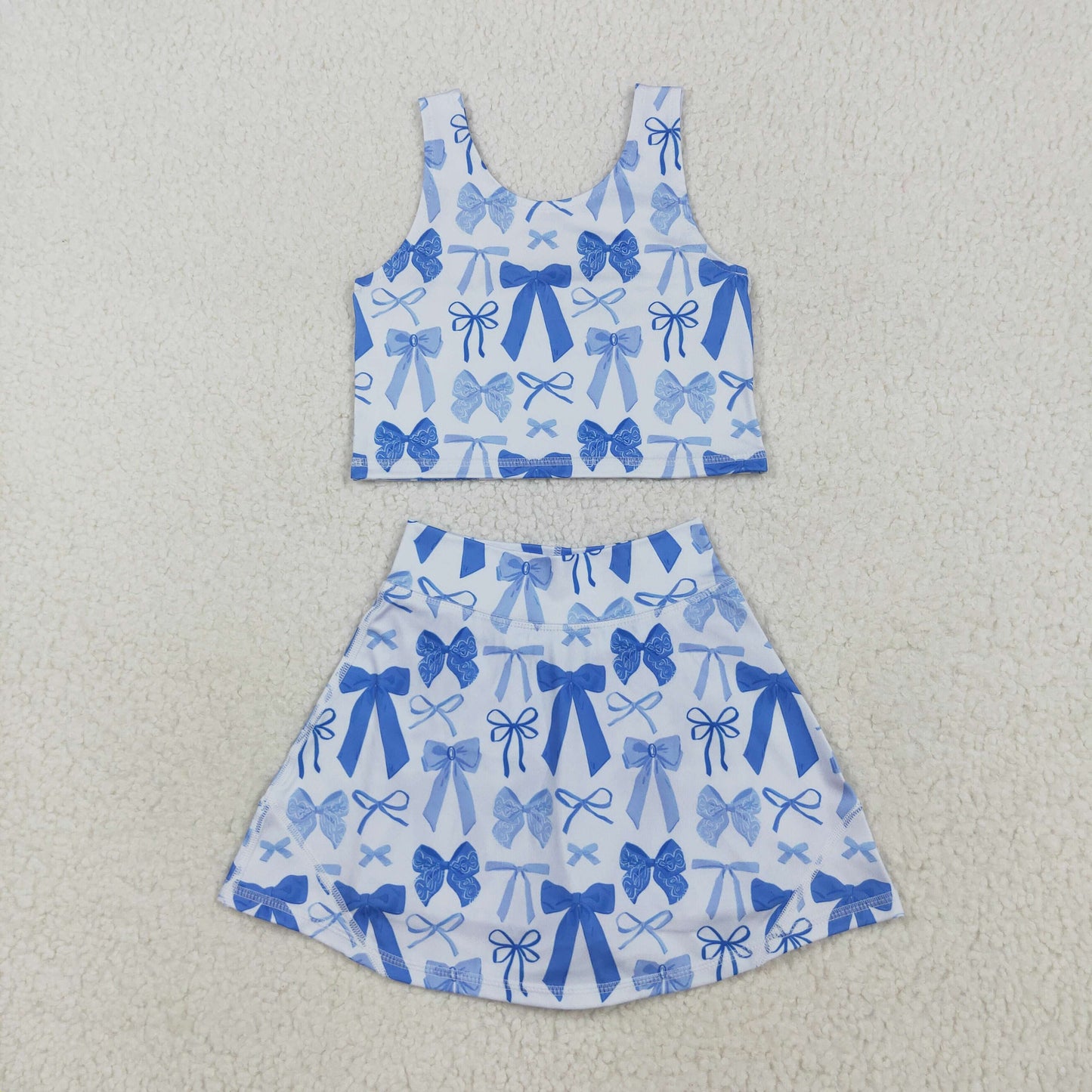 GSD2640  Girls Boutique Blue Bows Vest and Skirts with Shorts Kids Yoga Sets 202507 RTS