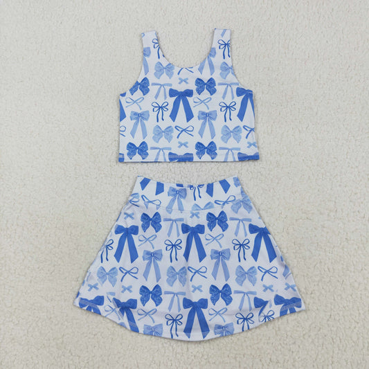 GSD2640  Girls Boutique Blue Bows Vest and Skirts with Shorts Kids Yoga Sets 202507 RTS