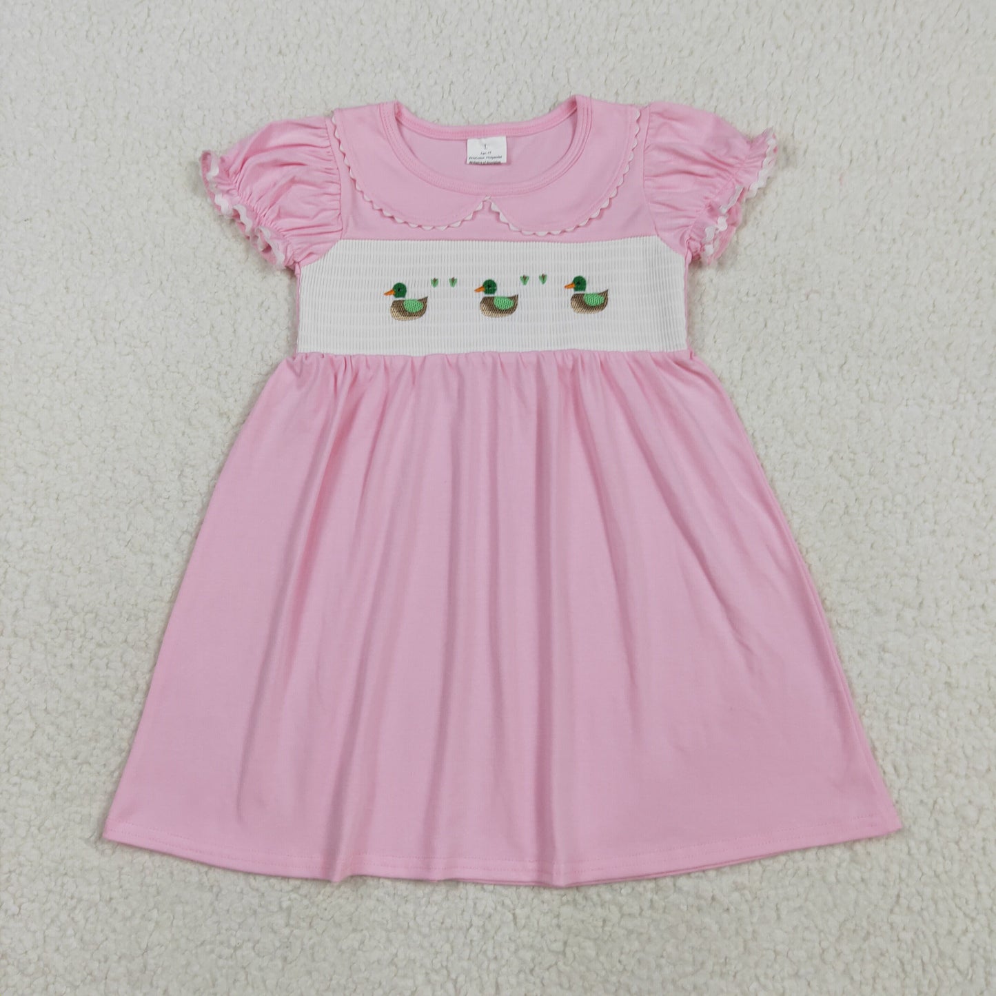 GSD2642 Smocked Duck Doll Collar Pink Short Sleeve Girls Dress   202507 RTS