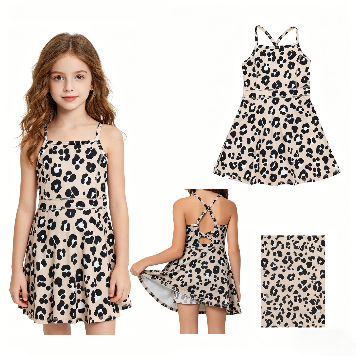 New GSD2650 Leopard Brown Halter Girls Yoga Dress 202605 RTS