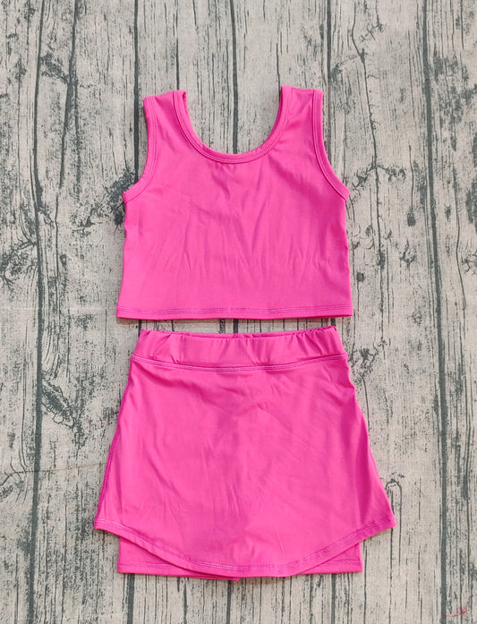 NO MOQ Preorder GSD2657 Girls Yoga Sets Pure Pink Sleeveless Skirts 202509