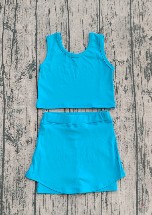 NO MOQ Preorder GSD2659 Girls Yoga Sets Pure Blue Sleeveless Skirts 202506